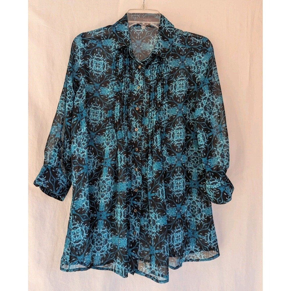 Fever Blouse Women's Small Sheer Collared Button Up Lightweight Teal Black